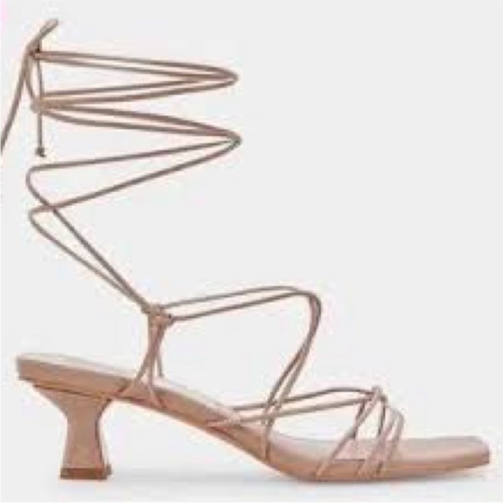 Dolce Vita Lace-Up Strappy Block Heel Sandals in Taupe and Black